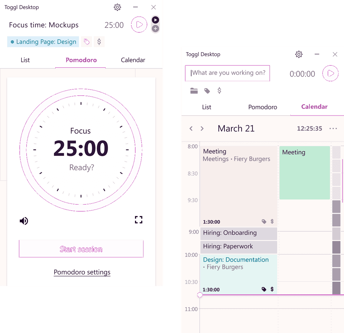 Screenshots of Toggl Track Windows apps