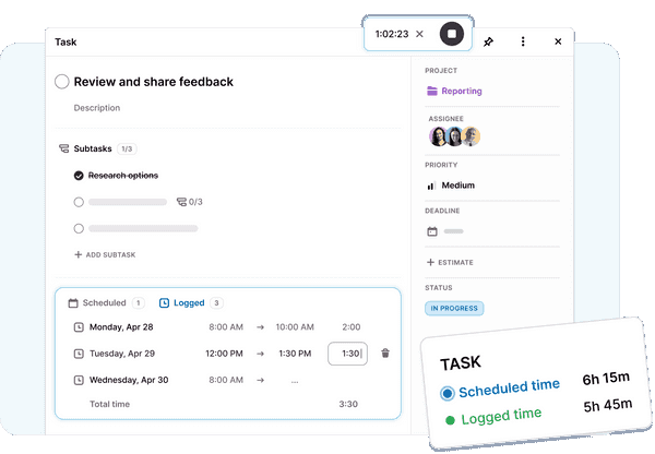 Screenshot of time tracking options in Toggl Focus