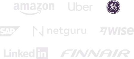 Company logos: Amazon, Uber, GE, SAP, Netguru, Wise, LinkedIn, Finnair