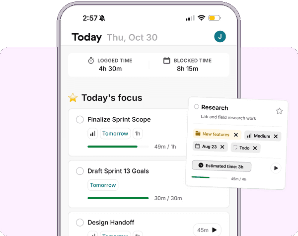 Toggl 2.0 mobile app with the "Today" list