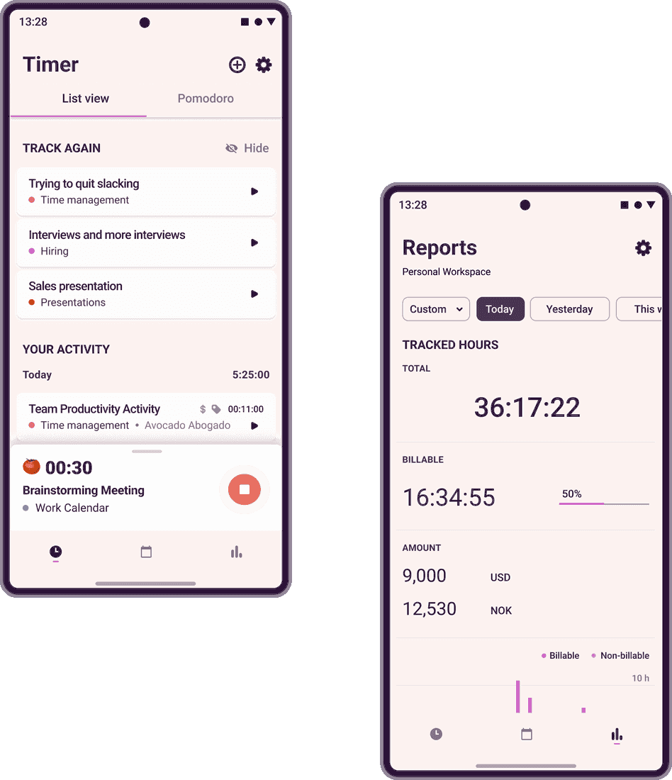 Screenshots of Toggl Track Android app