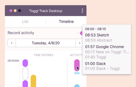 Snippet of the timeline feature with Toggl Track desktop app