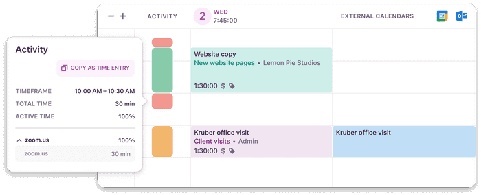Screenshot of timeline features in Toggl Track's calendar view