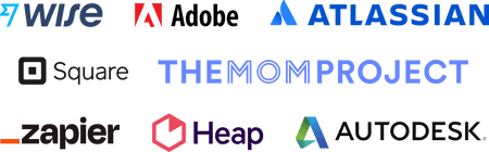 Company logos: Wise, Adobe, Atlassian, Square, The Mom Project, Zapier, Heap Analytics, Autodesk