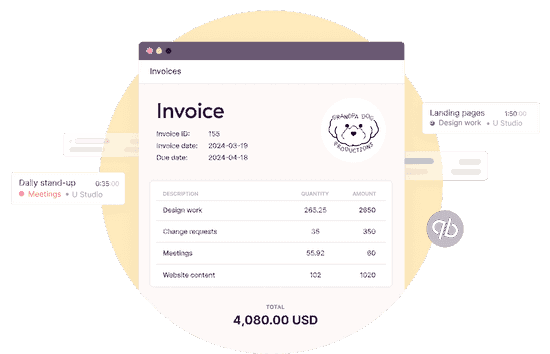 A sample of Toggl Track invoice accompanied with some time entries and the quickbooks logo