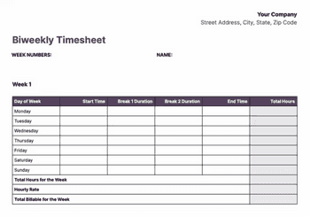 Screenshot of Biweekly timesheet templates