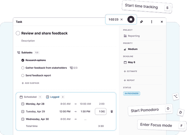 Screenshot of time tracking options in Toggl Focus