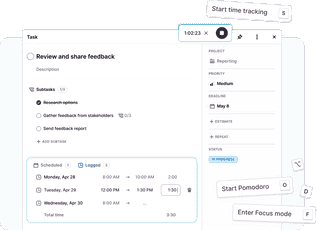 Screenshot of time tracking options in Toggl Focus