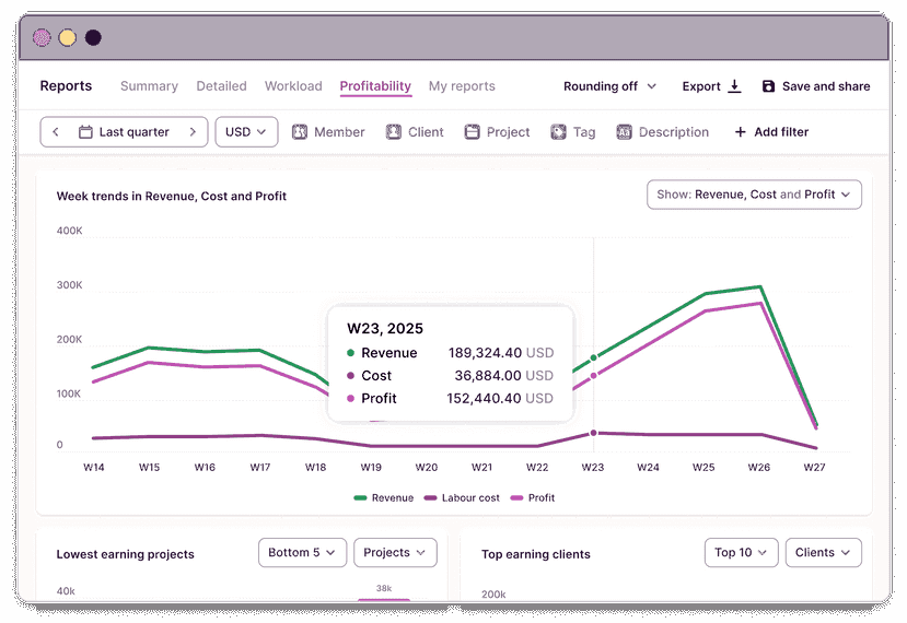 Toggl Track's profitability report showing revenue, costs, and profit margins