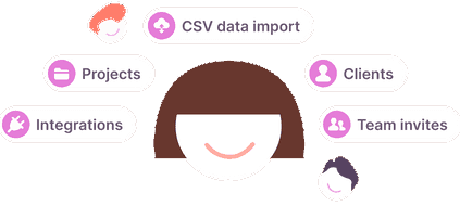 Happy employee faces with simple onboarding features of Toggl Track such as CSV data import, team invites and integrations.