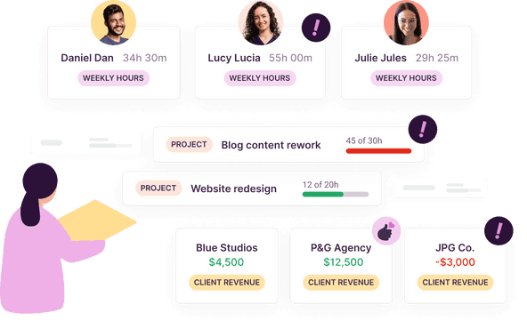 Example team member, project and client revenue insights you can get with Toggl Track