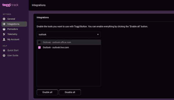 Enable the integration in the Settings page