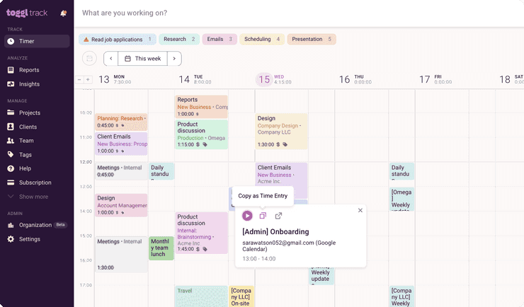 Toggl Track calendar view