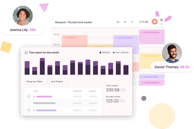 Snippets of the timer and report pages in Toggl Track