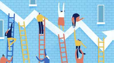 Illustration of characters climbing ladders