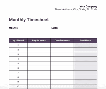 Screenshot of Monthly timesheet templates