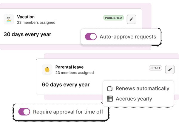 Time off policy cards with approval and accrual settings