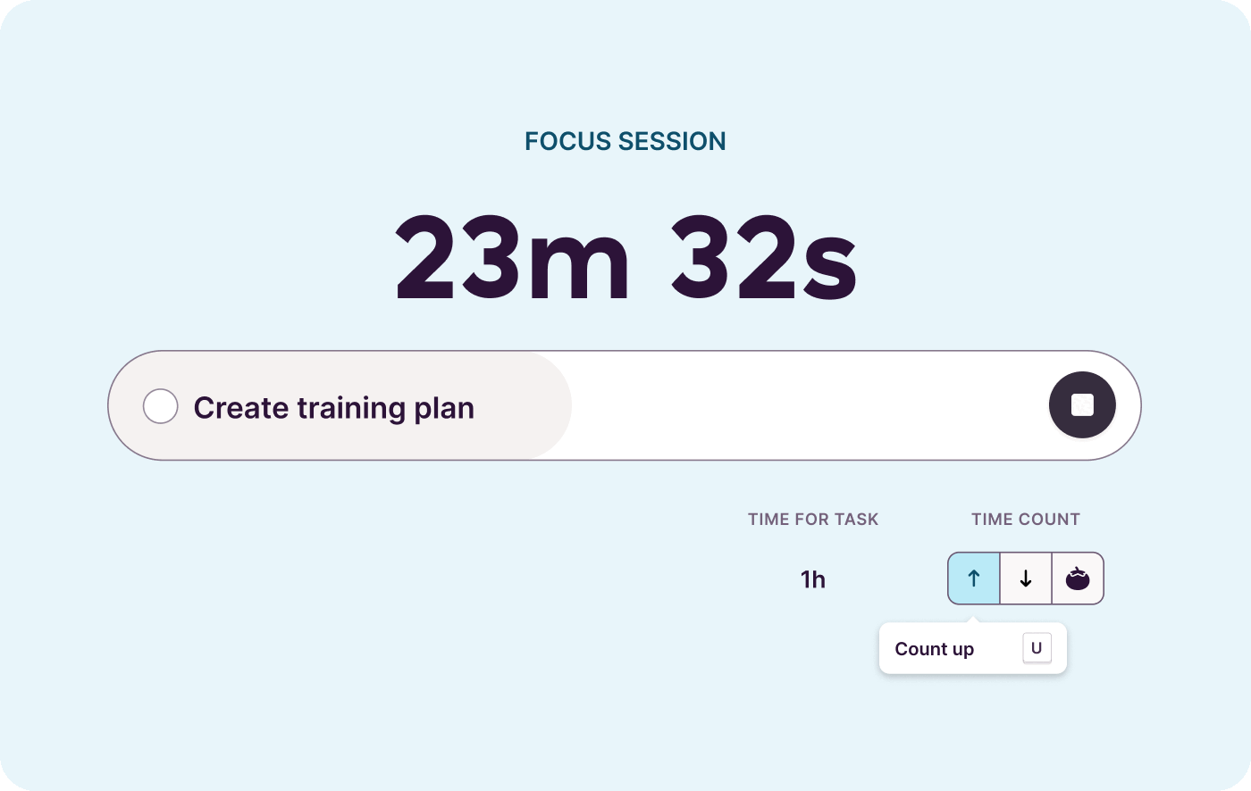 Gif of different focus modes in Toggl Focus, including count up, count down and Pomodoro modes
